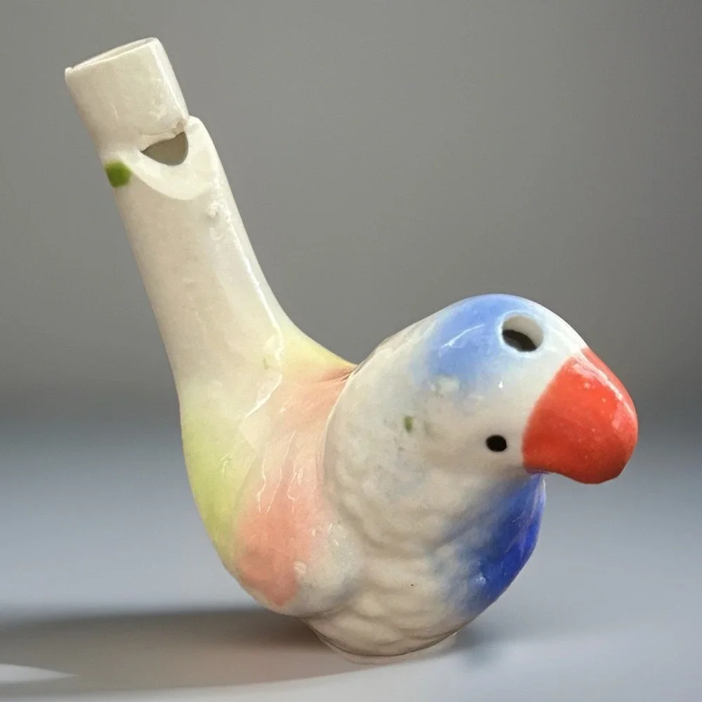 Whistle Ceramic Parrot Bird Whistle Blue Orange White Figurine MCM Style 2